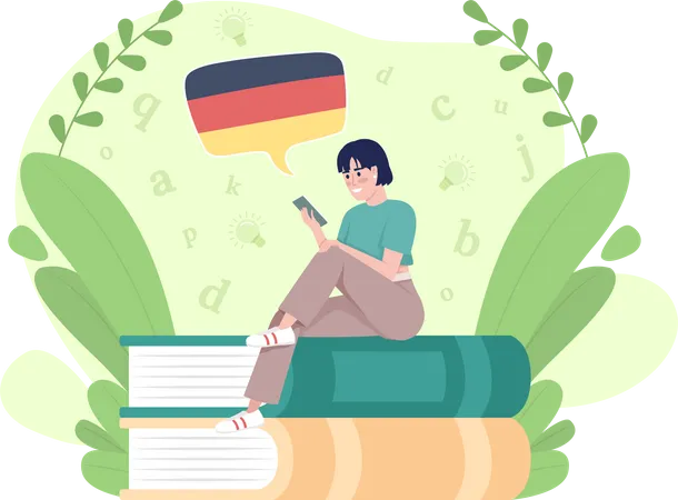 Learning German Language With Mobile App 2 D Vector Isolated Illustration Student With Smartphone Flat Character On Cartoon Background Colourful Editable Scene For Website Presentation Illustration