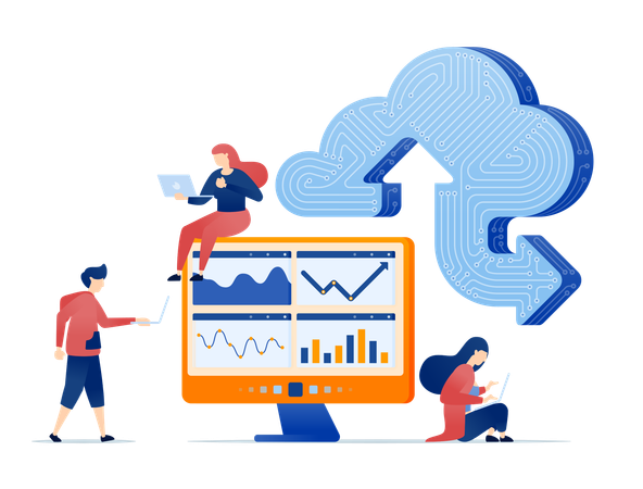 Learning machines installed in cloud optimize statistical data upload and download activities to server enhancing AI automation and digital transformation Illustration