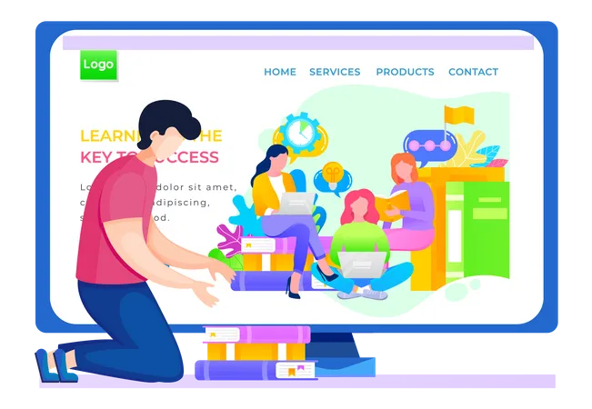 Application For Studying Business Online Landing Page Template Guy Kneeling Puts Books In A Stack Man Is Studying Via The Internet Paid Program For Adult Students Internet School Website Layout Illustration