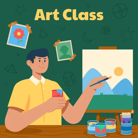 Boy Student Learning Painting At Art Class Illustration