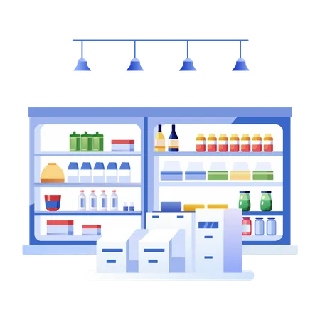 Lebensmittelgeschäft mit Regalen voller verschiedener Lebensmittel  Illustration