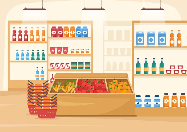 Lebensmittelgeschäft, supermarkt, innenausstattung  Illustration