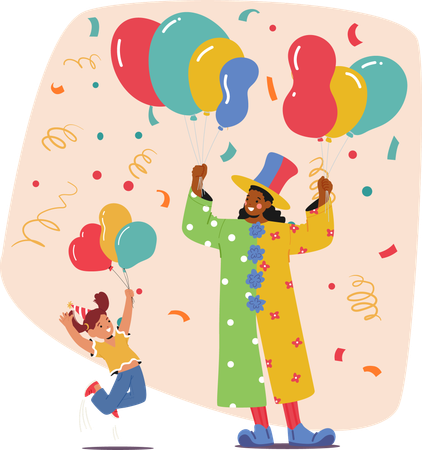 Lebhafte weibliche Figur im farbenfrohen Clownkostüm unterhält Kind mit Luftballons  Illustration