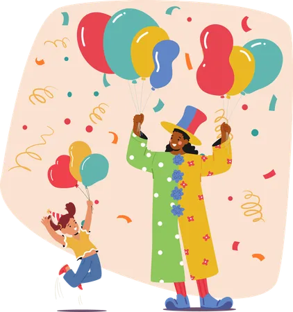 Lebhafte weibliche Figur im farbenfrohen Clownkostüm unterhält Kind mit Luftballons  Illustration