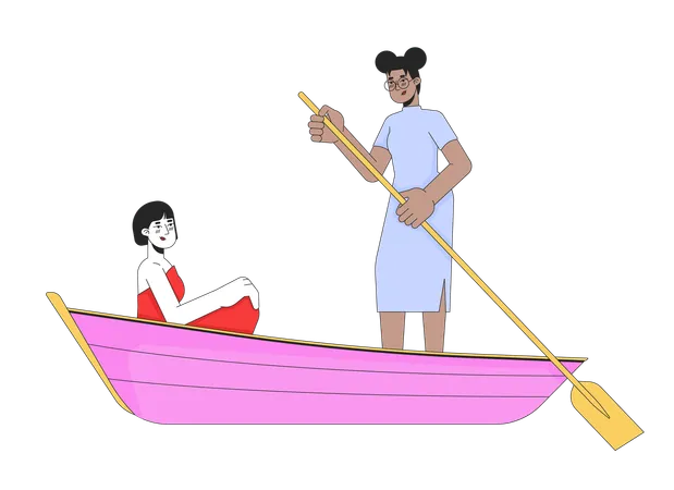 Lesbian Couple On Romantic Boat Ride 2 D Linear Cartoon Characters First Date In Love Enamored Gay Women Isolated Line Vector People White Background Lake Romance Color Flat Spot Illustration Illustration