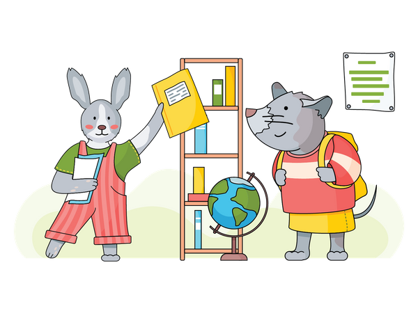 Lebre segurando livro e rato usando mochila  Ilustração