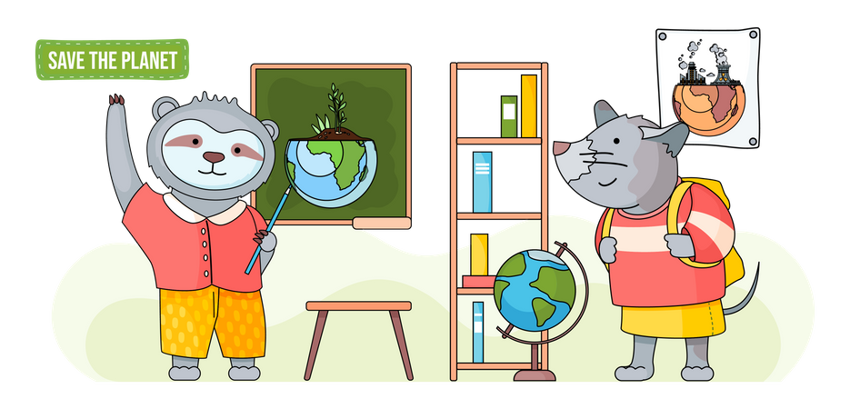 Lección de ecología en la escuela para animales.  Ilustración