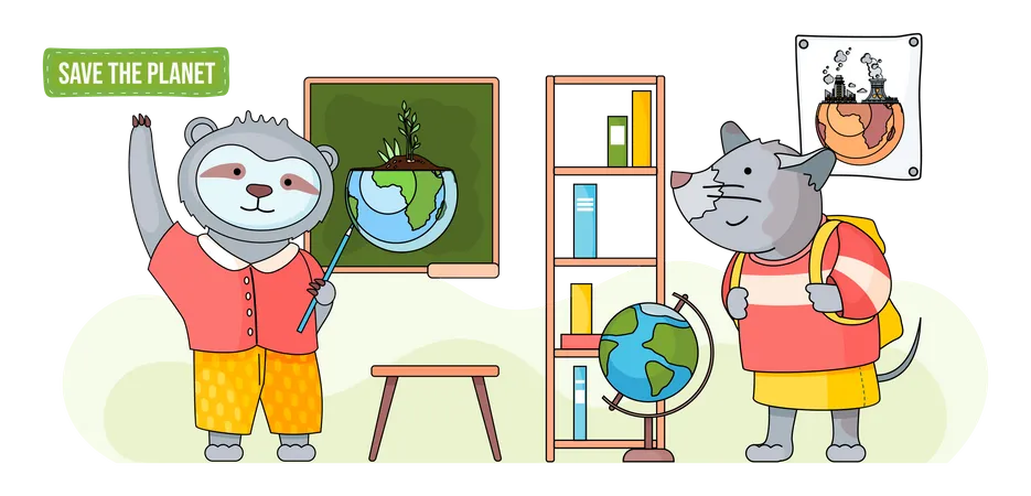 Lección de ecología en la escuela para animales.  Ilustración