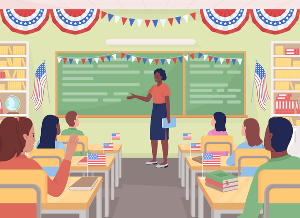 Lección de patriotismo en la escuela americana.  Ilustración