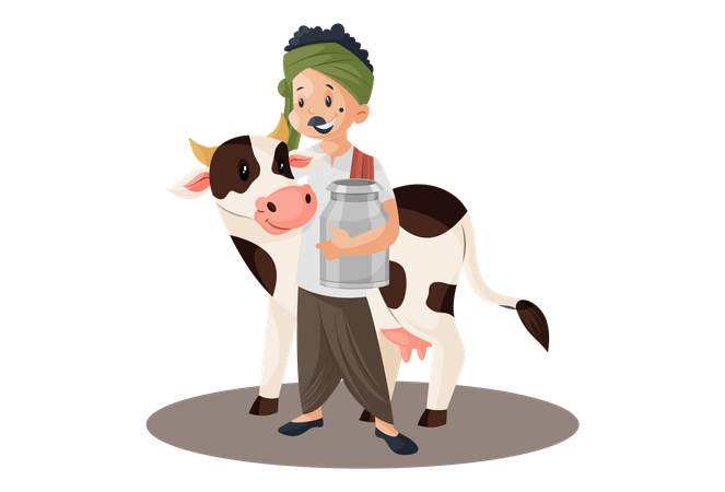 Lechero sosteniendo un recipiente y de pie con una vaca  Ilustración
