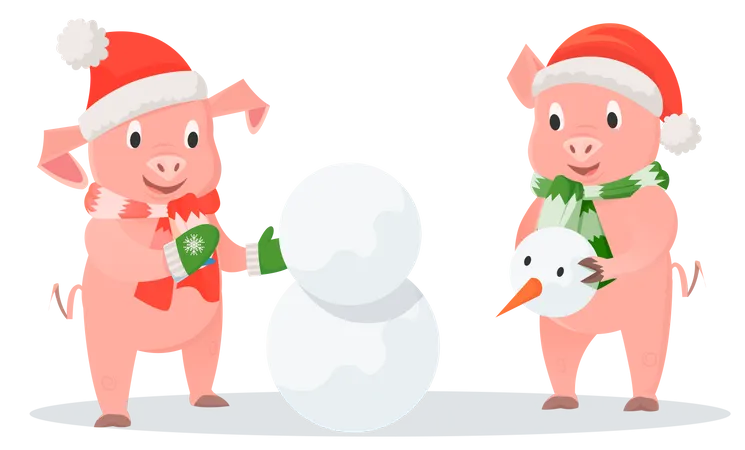 Lechones haciendo un muñeco de nieve juntos  Ilustración
