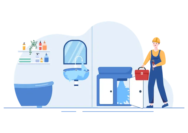 Klempnerservice Mit Klempnern Reparatur Wartung Und Reinigung Der Badezimmerausstattung In Flacher Hintergrundillustration Illustration