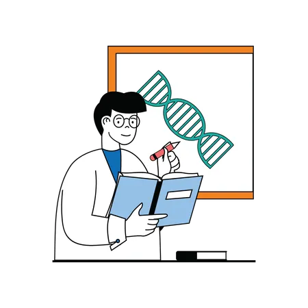 Profesional médico leyendo la estructura del ADN  Ilustración