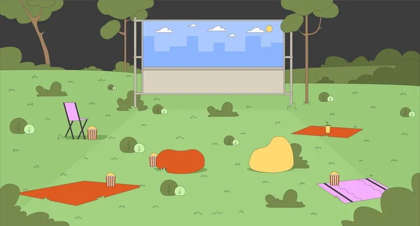 Leerer Parkaufbau mit Freiluft-Kinoleinwand und Sitzgelegenheiten Illustration