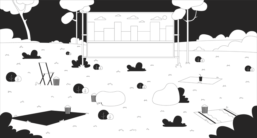 Leerer Parkaufbau mit Freiluft-Kinoleinwand und Sitzgelegenheiten  Illustration