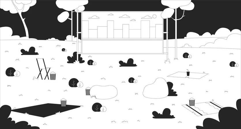 Leerer Parkaufbau mit Freiluft-Kinoleinwand und Sitzgelegenheiten  Illustration