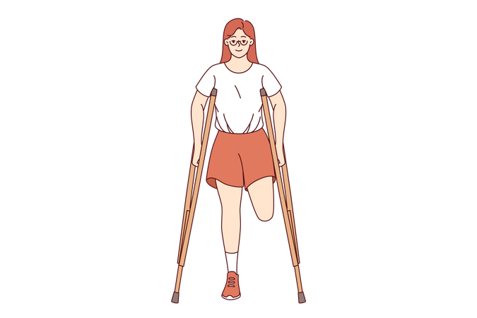 Leg amputation caused by chronic health problems in woman with disabilities using crutches  Illustration