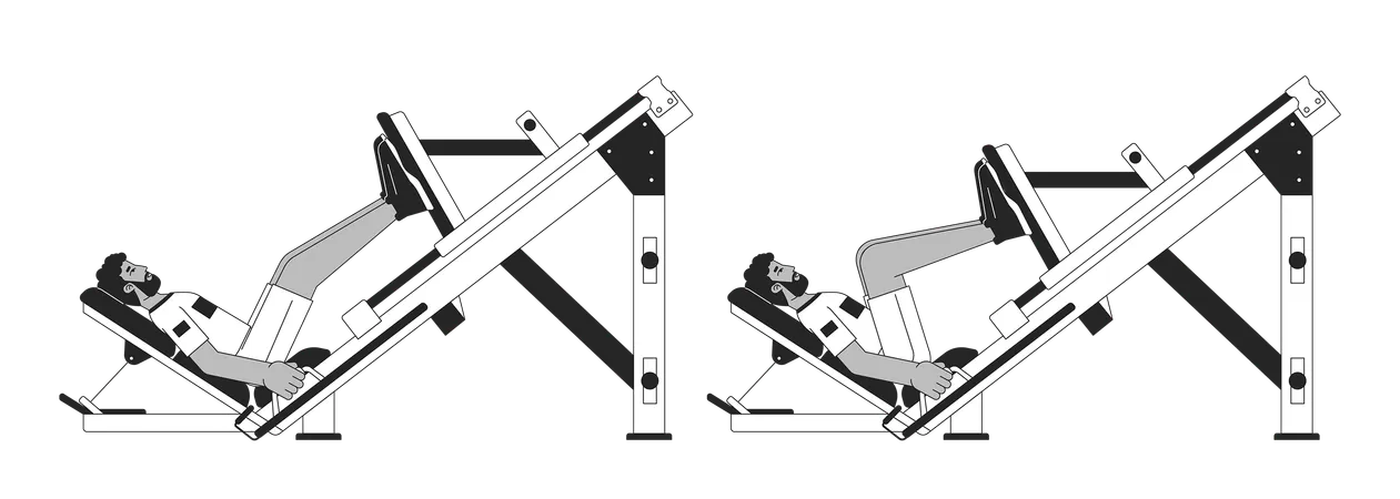 Muscle Building With Leg Press Machine Bw Vector Spot Illustration Athletic Male 2 D Cartoon Flat Line Monochromatic Character For Web UI Design Work Out Class Editable Isolated Outline Hero Image Illustration