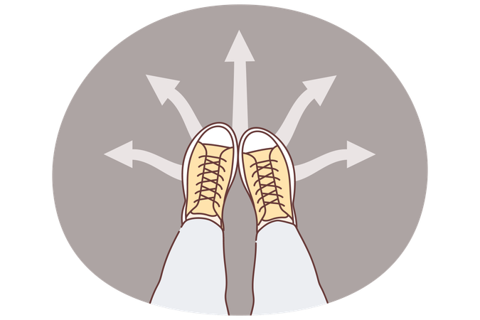 Legs man at crossroads near arrows pointing in different directions symbolizing uncertainty  Illustration