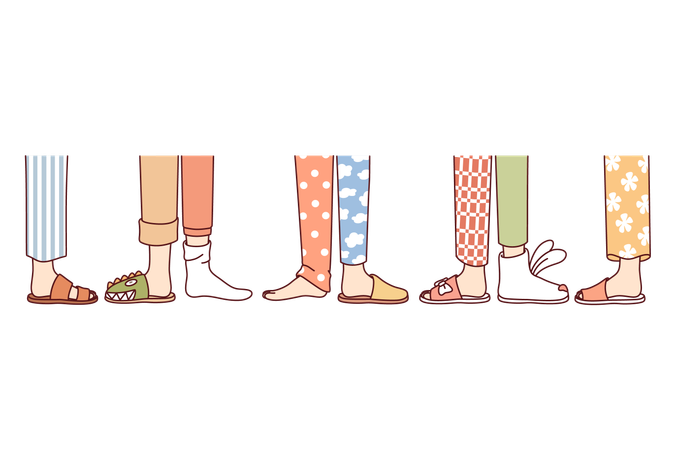 Legs of people from pajama party in different pants and slippers attending themed holiday  Illustration