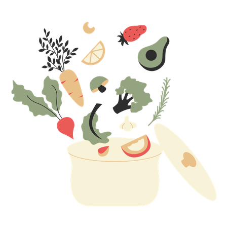 Legumes e frutas em uma panela  Ilustração