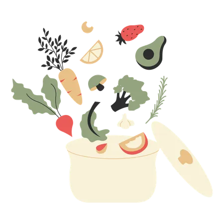 Legumes e frutas em uma panela  Ilustração