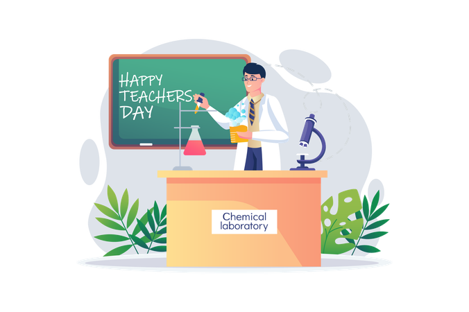 Der Lehrer bereitet verschiedene Chemikalien für den Unterricht vor, um sie den Schülern vorzuführen  Illustration