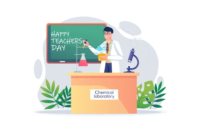 Der Lehrer bereitet verschiedene Chemikalien für den Unterricht vor, um sie den Schülern vorzuführen  Illustration