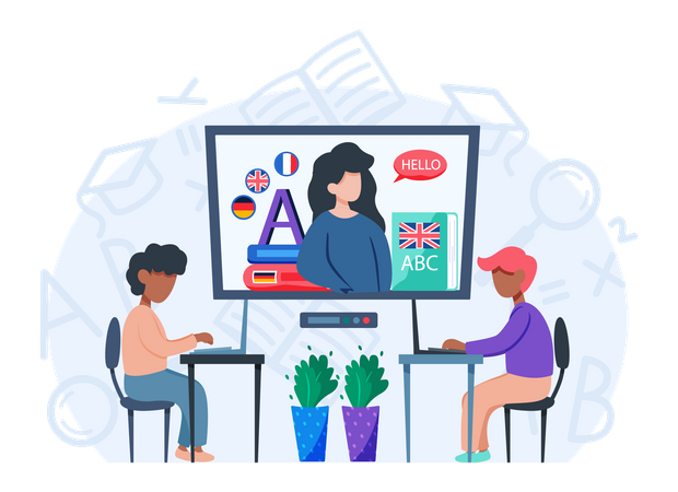 Lehrer leitet Fremdsprachenunterricht am Computerbildschirm  Illustration