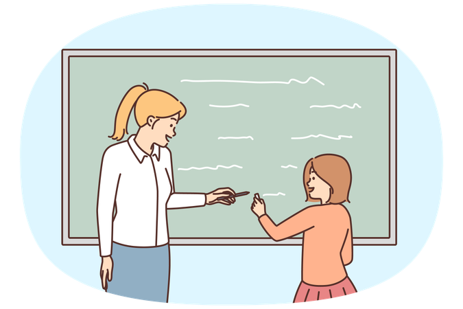 Lehrerin und Schülerin schreiben auf Tafel  Illustration