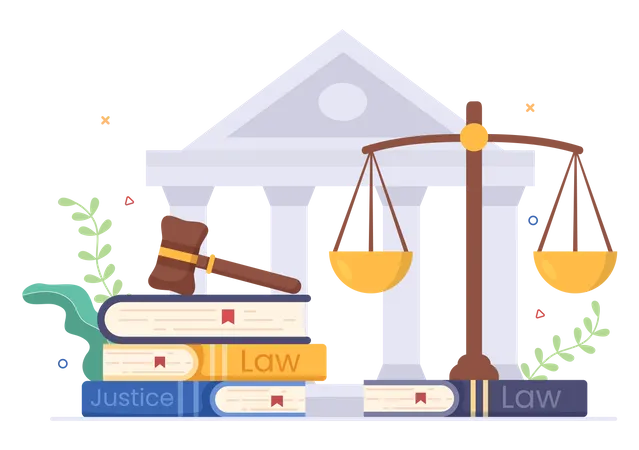 Advogado Advogado E Justica Com Leis Escalas Edificios Livro Ou Martelo De Juiz De Madeira Para Consultor Em Ilustracao De Desenho Animado Plano Ilustração