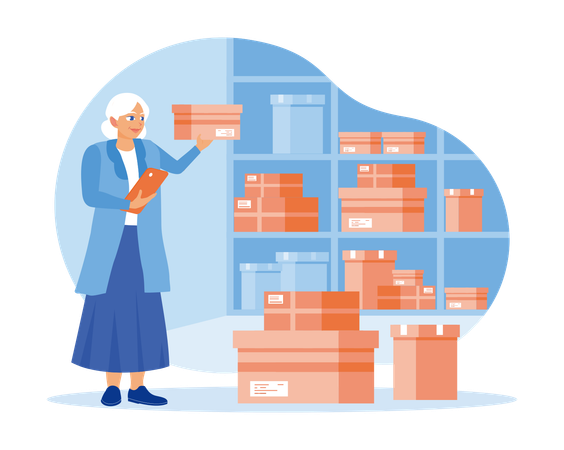 Leitende Geschäftsfrau überprüft bestellte Produkte im Lager  Illustration