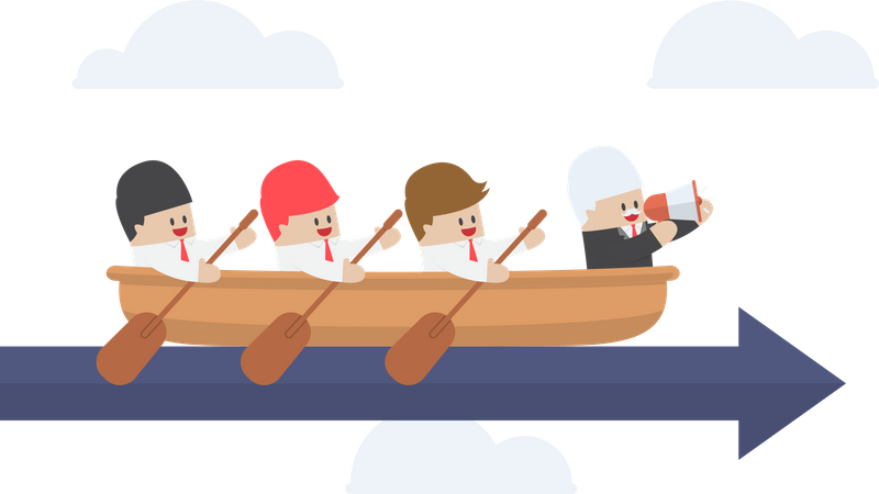 Leitender Geschäftsmann rudert mit seinem Team zum Erfolg  Illustration