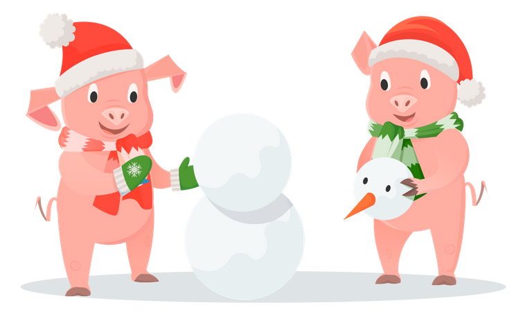 Leitões fazendo um boneco de neve juntos  Illustration