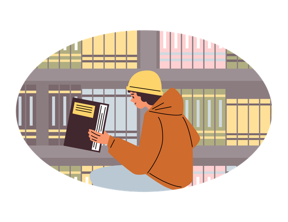 Leitor absorto na estante  Ilustração