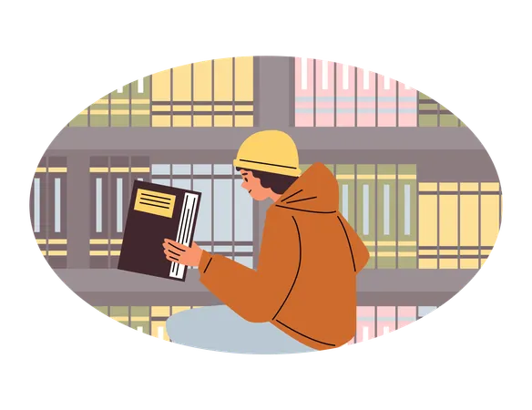 Leitor absorto na estante  Ilustração