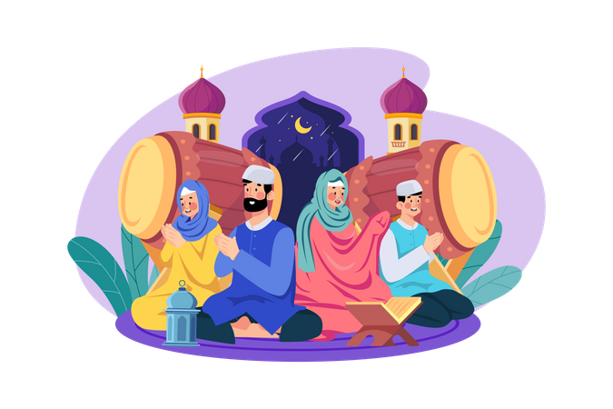 Família muçulmana lendo o Alcorão  Ilustração