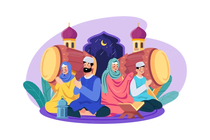 Família muçulmana lendo o Alcorão  Ilustração