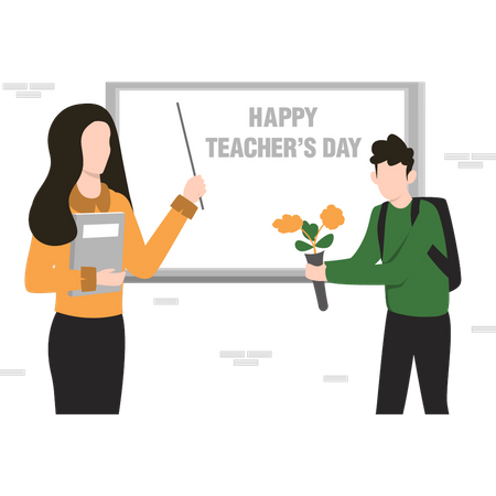 Un étudiant offre des fleurs à son professeur lors de la journée des enseignants  Illustration