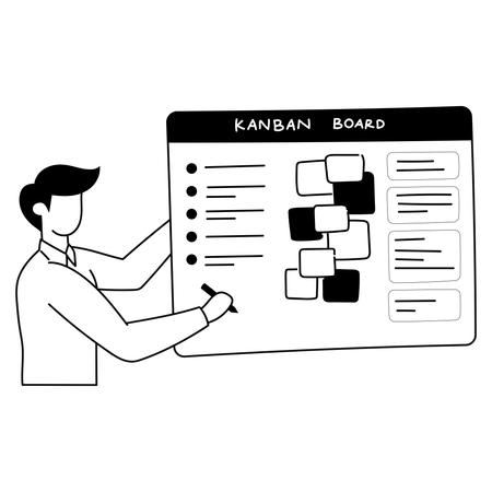 L'employé présente au tableau Kanban  Illustration