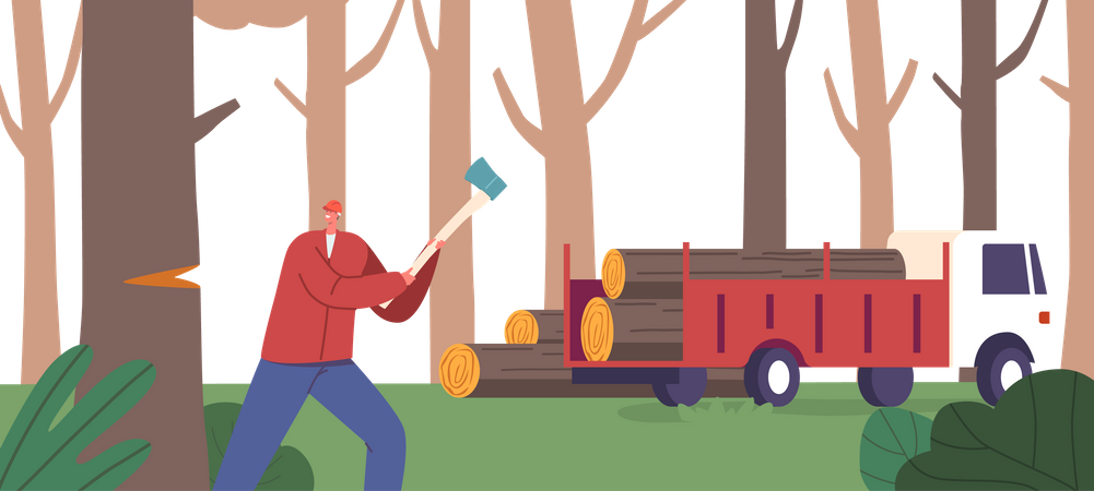 Leñador macho cortando y cosechando madera  Ilustración
