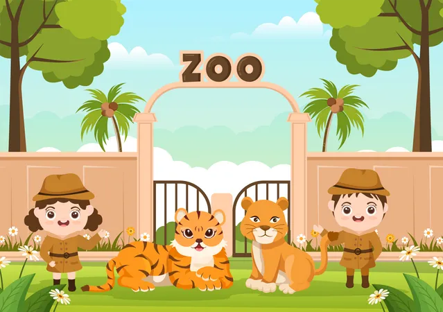 Ilustracion De Dibujos Animados Del Zoologico Con Animales De Safari Leon Tigre Jaula Y Visitantes En Territorio En Diseno De Fondo Forestal Ilustración