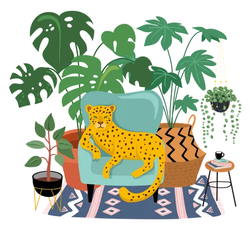 Sièges léopard sur chaise avec pot de plantes sur fond  Illustration