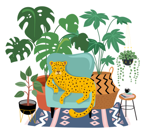 Leopard seating on chair with plants pot on background  Illustration