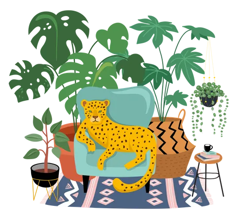 Leopard seating on chair with plants pot on background Illustration