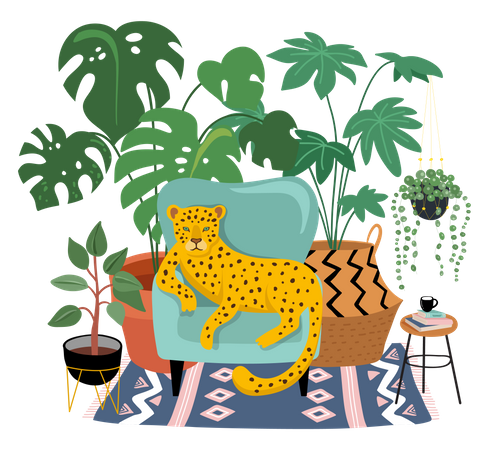 Sitzgelegenheiten mit Leopardenmuster auf Stuhl mit Blumentopf im Hintergrund  Illustration