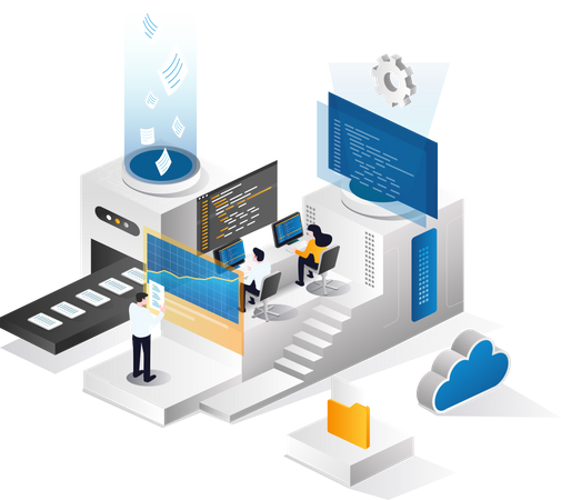 L'équipe développe des données et analyse le serveur cloud  Illustration