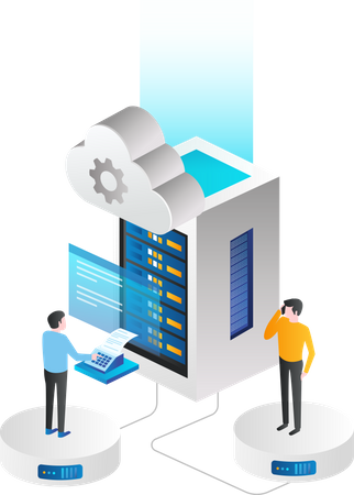 L'équipe développe des données et analyse le serveur cloud par téléphone  Illustration