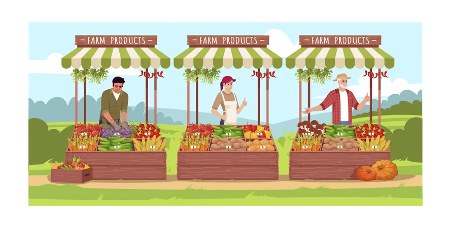 Les agriculteurs vendent des légumes et des fruits  Illustration