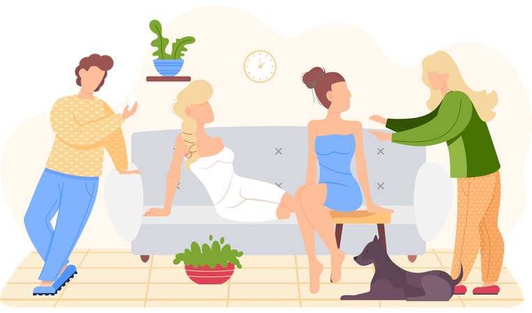 Les amis communiquent et passent du temps ensemble dans le salon  Illustration